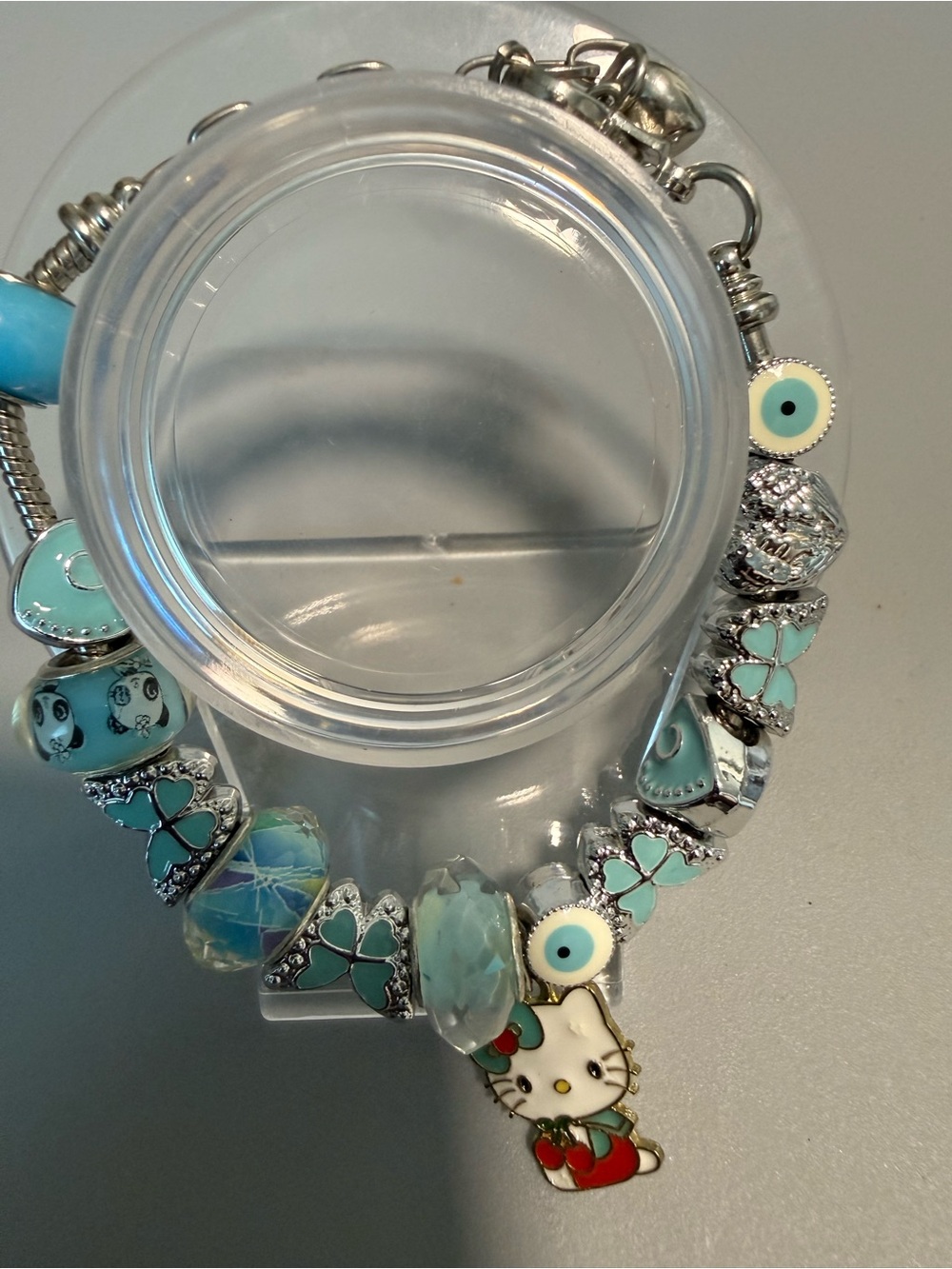 Cute Hello Kitty Charm Bracelet in Aqua and Silver